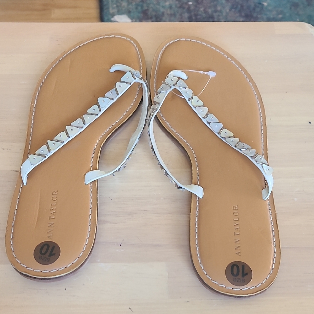 Ann Taylor Tan and White Embellished Sandals